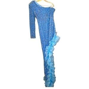 Faeriesty One Shoulder Asymmetrical  Sequin Gown Baby blue Ruffle Large